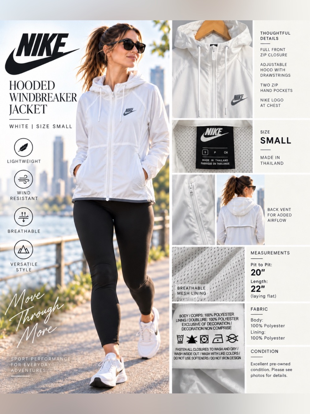 Nike Women’s White Hooded Windbreaker Jacket | Small | Lightweight | Zip Pockets